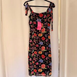 Betsey Johnson Floral Tie-Shoulder Black Midi Dress